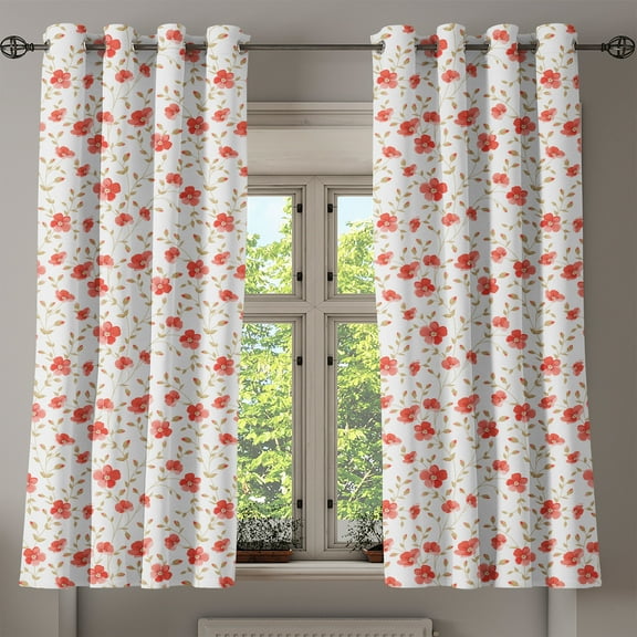 Ambesonne Vintage Grommet Curtain, Peony Flowers Blooms, 50" x 54", Dark Coral White