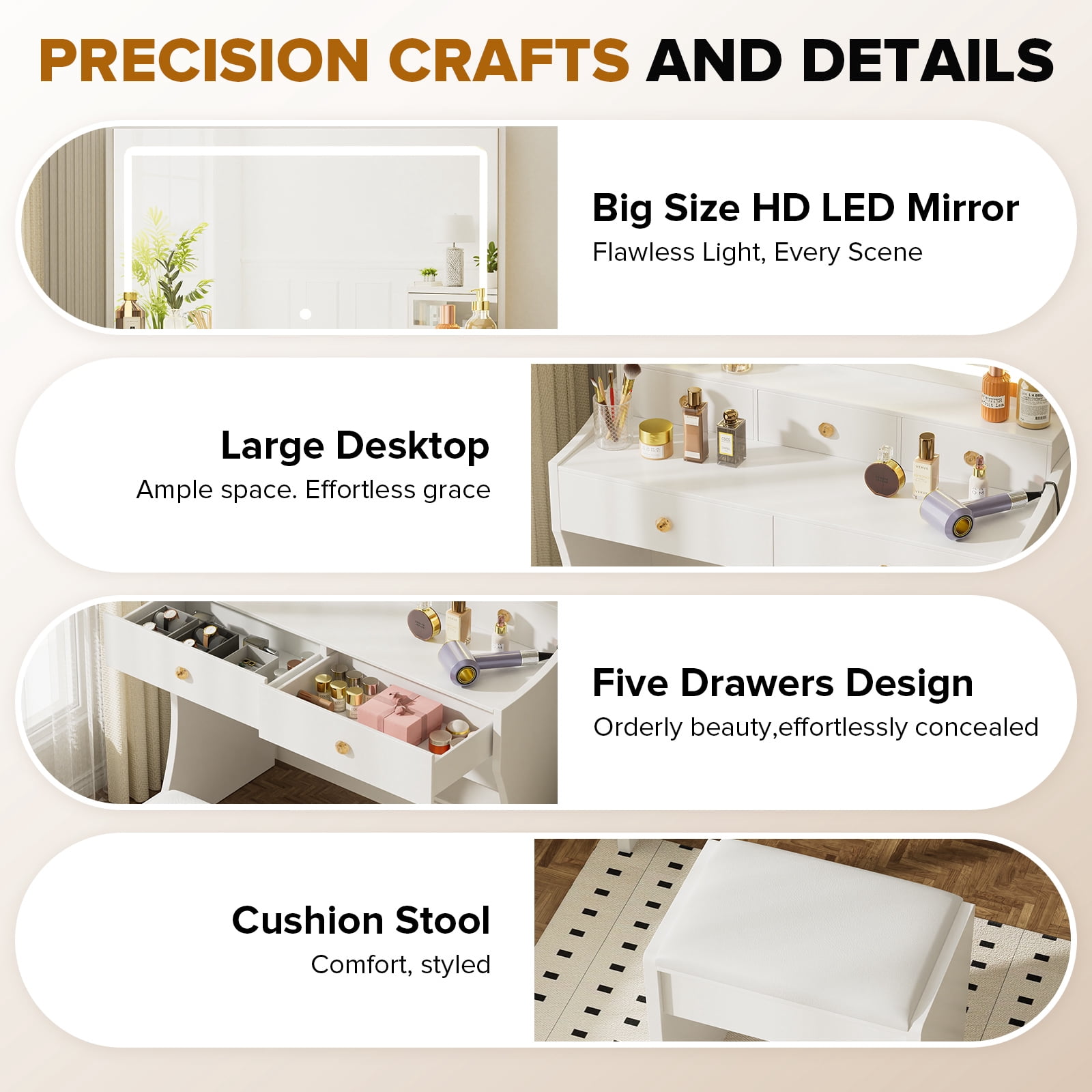 LUCKLIFE White Vanity Desk with Mirror and Lights, 5 Drawers & Charging Station, Vanity Table and Chair Set