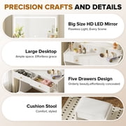 LUCKLIFE White Vanity Desk with Mirror and Lights, 5 Drawers & Charging Station, Vanity Table and Chair Set