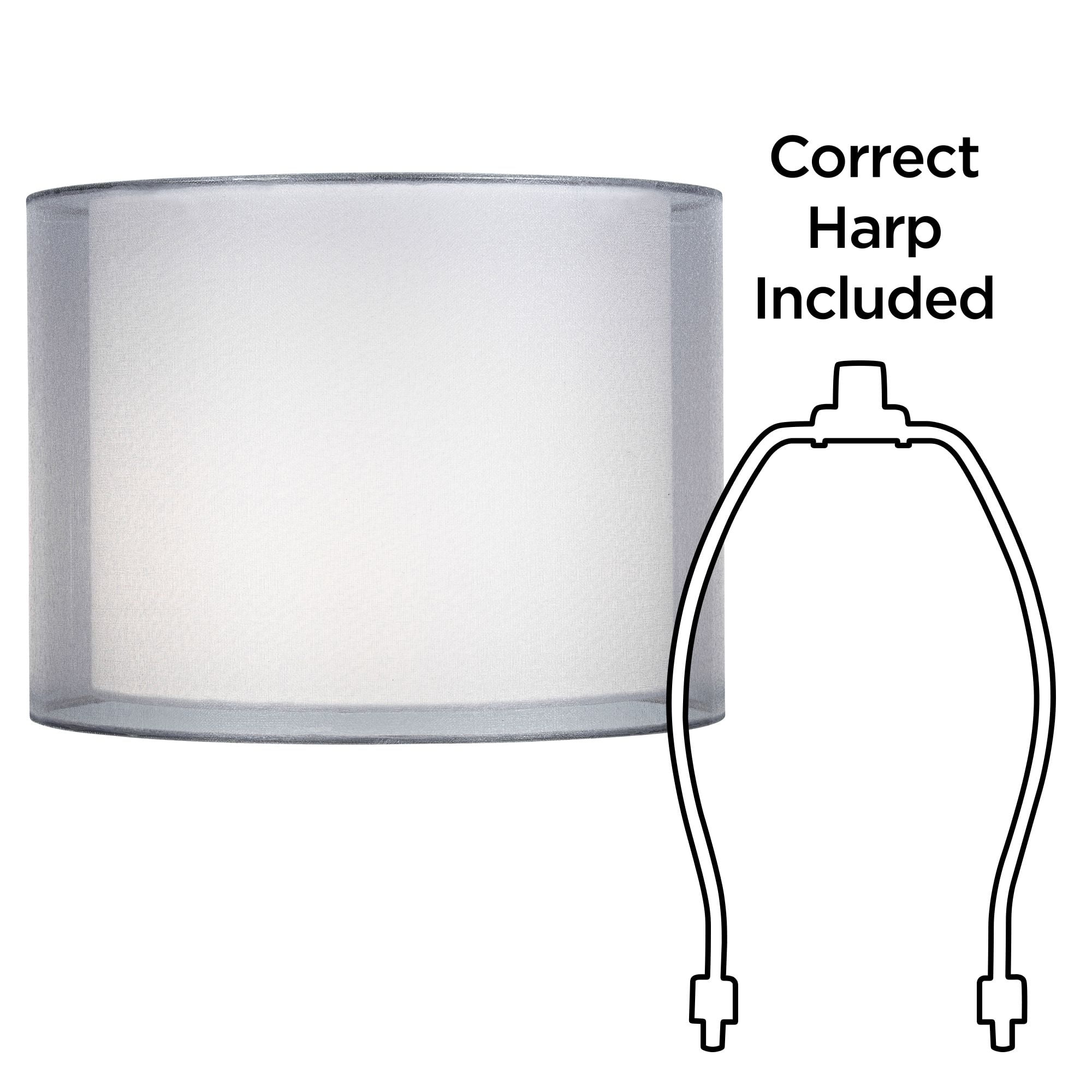 Springcrest Set of 2 Hardback Double Drum Lamp Shades Silver Sheer Small 12" Top x 12" Bottom x 9" High Spider Harp Finial Fitting