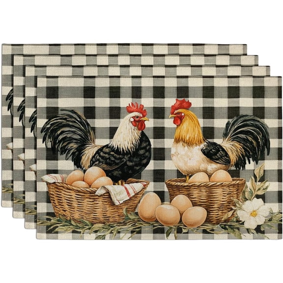 Farmhouse Rooster Placemat Set, Black White Country Checkered Table Mats for Spring Summer Kitchen, Washable Non-Slip Rustic Farm Animal Dining Table Décor Set of 4