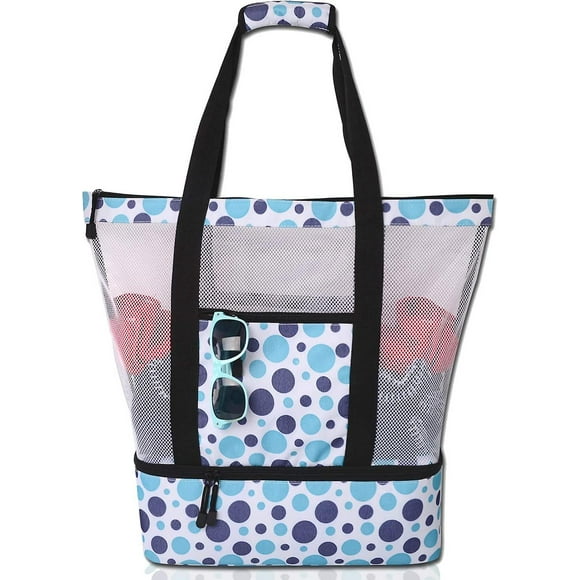 Mesh Beach Tote Bag With Insulated Cooler Compartment, Oversized Pool Picnic Cooler Bag With Zip