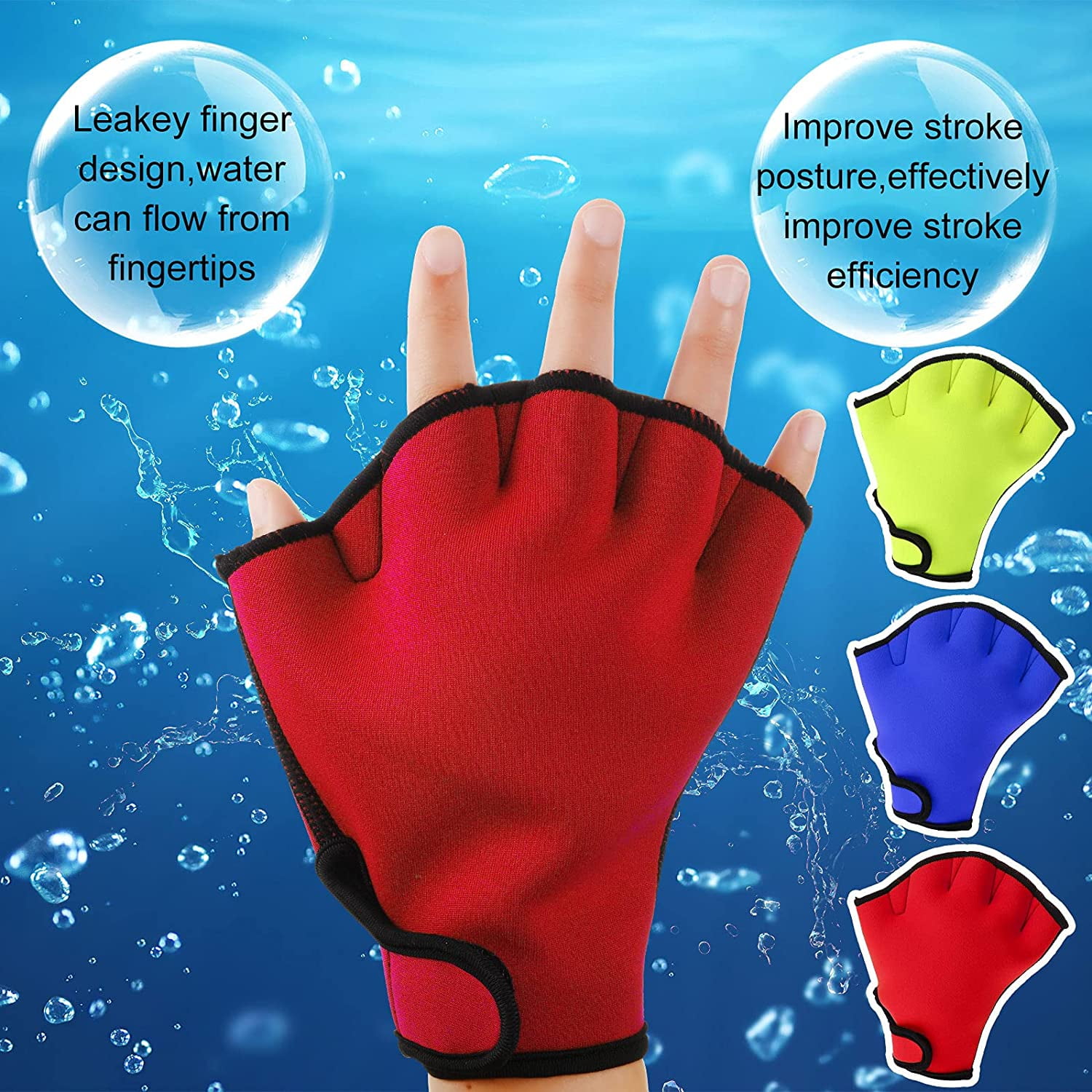 3 Pairs Aquatic Gloves Swim Training Gloves Waterproof Webbed Swimming Gloves Hand Paddles Fingerless Aqua Flippers Gloves for Men Women Diving