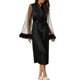 thumbnail image 4 of Bata de satén para mujer Inspire Chic con flecos de plumas, bata de baño para damas de honor, manga larga de malla, pijama de fiesta nupcial en negro, 4 of 6