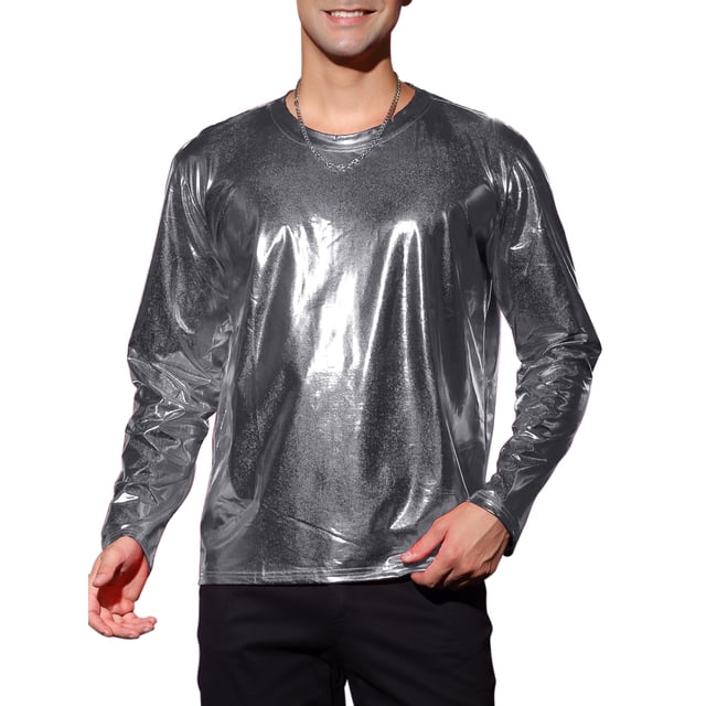 CAMISETAS DE HOMBRE INSPIRE CHIC Cuello Redondo Manga Larga Top Brillante S Gris