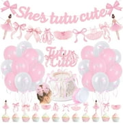 Pink Bows Ballet Girls Birthday Party Decorations, She's Tutu Cute Ballerina Theme Birthday Party Banner Cake Toppers Balloons for Two Two Cute 2nd Bday Baby Shower Tutu Dancing Girls Party Supplies