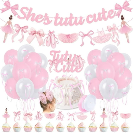 Pink Bows Ballet Girls Birthday Party Decorations, She's Tutu Cute Ballerina Theme Birthday Party Banner Cake Toppers Balloons for Two Two Cute 2nd Bday Baby Shower Tutu Dancing Girls Party Supplies