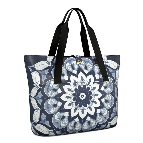 Tote Bag for Women - Blue Mandala Shoulder Bag - Large Utility Work Duffle Bag with Zipper Handbag for Travel, Work, Sprots