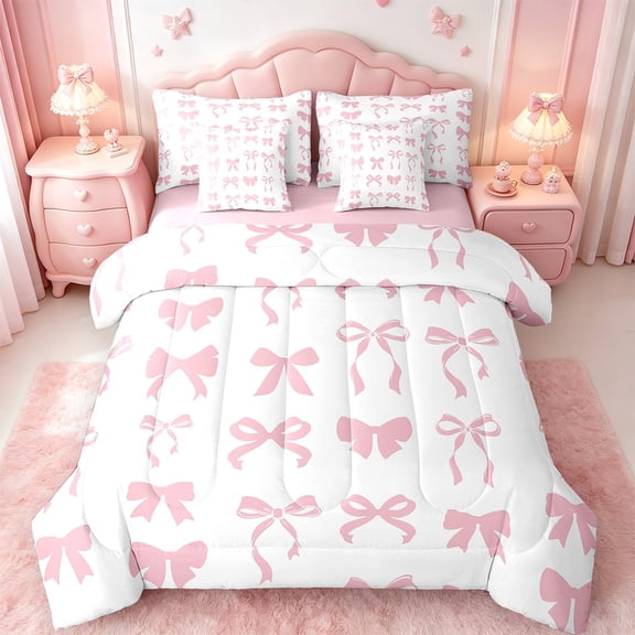 Manfei Cute Bowknot Bedding Twin Size,Ribbon Bow Comforter Sets with Sheets,Pink White Bedding Sets Twin Size For Girls,Super Cozy Bedroom Decor Reversible,7pcs
