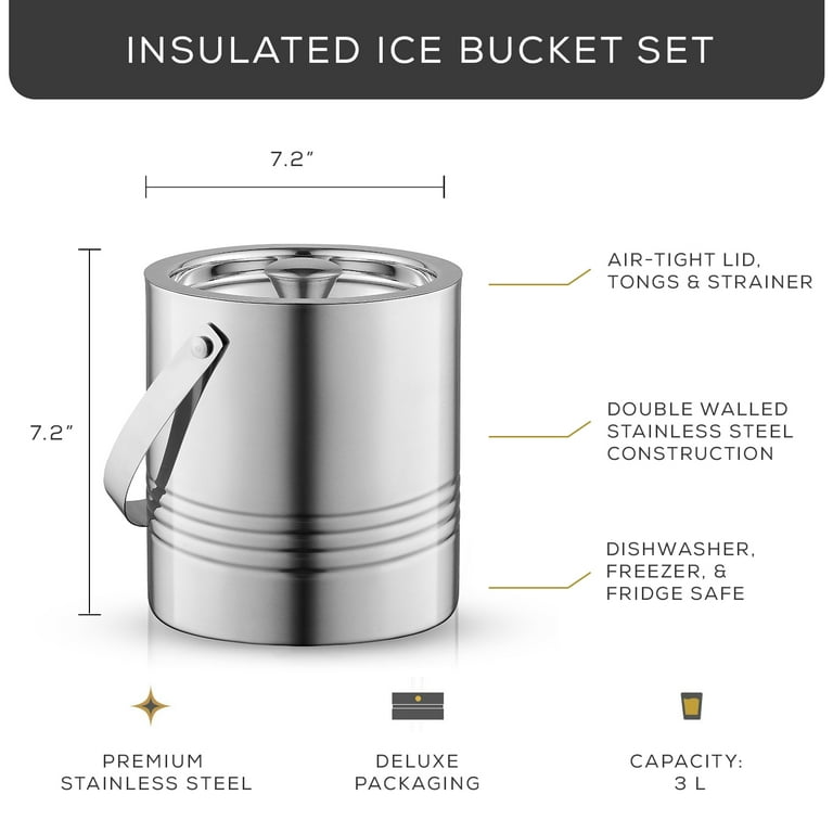 Ice Bucket with Lid, Scoop, Tongs and Strainer - Well Made Insulated  Stainless Steel Keep Ice Frozen Longer - Ideal for Cocktail Bar, Parties