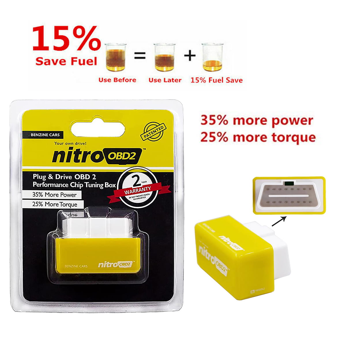 Yellow-Eco Plug and Drive Nitro OBD2 Performance Chip Tuning Box for Petrol Cars 