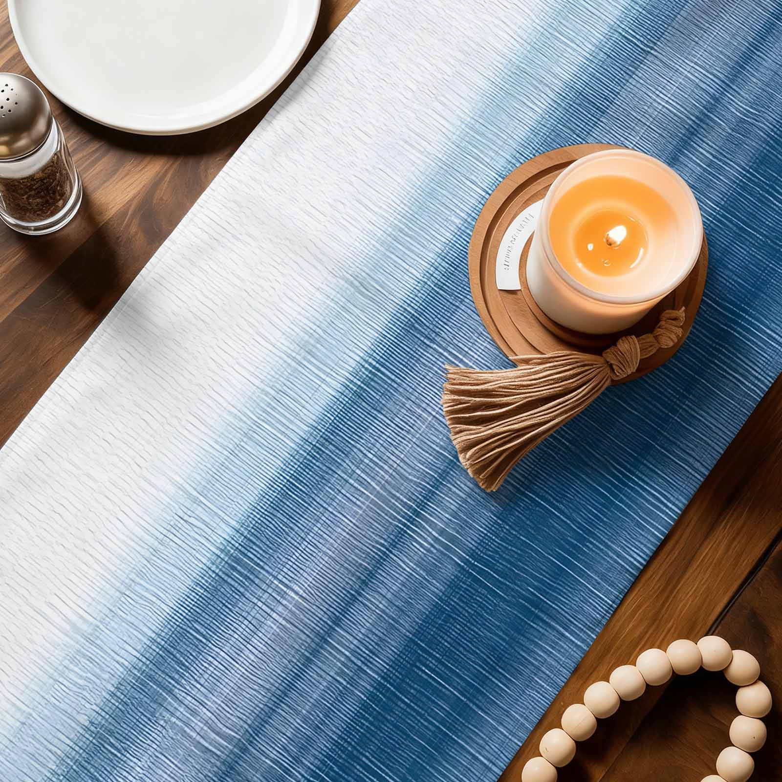 Haze Blue White Ombre Table Runner, Vintage Gradient Striped Aesthetics Washable Cotton Linen Table Runners 60 Inches Long, Dresser Scarf Runner for Coffee/TV Stands/Kitchen/Cabinets 13''x60''