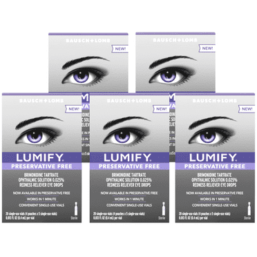 5 Pack - LUMIFY Redness Reliever Preservative Free Fast Acting Eye Drops, 20 Single Use Vials