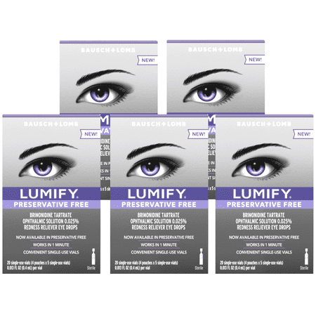 5 Pack - LUMIFY Redness Reliever Preservative Free Fast Acting Eye Drops, 20 Single Use Vials