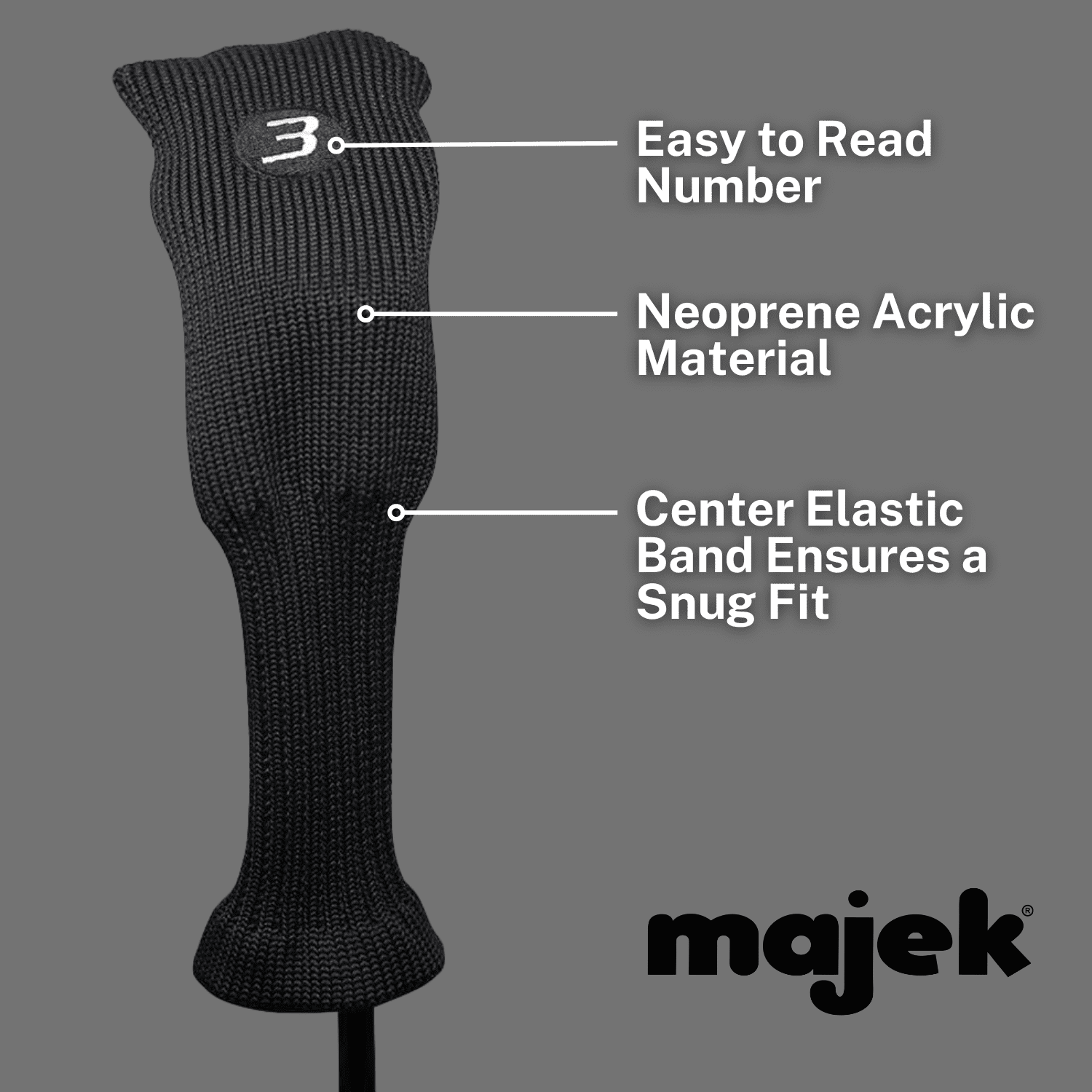 Majek All Hybrid Golf Club Black Headcover Set 3-SW. Neoprene Acrylic Head Covers 3 4 5 6 7 8 9 PW SW