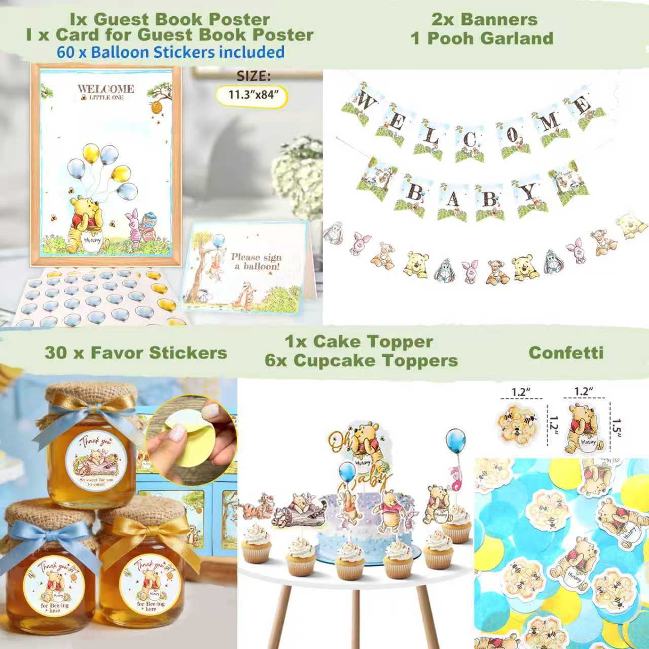 271 Pc Classic Winnie the Pooh Baby Shower Decorations for Boy, Blue Vintage Pooh Bear Balloon Arch Kit with Backdrop, Banner, Baby Boxes, Sash and Table Decorations