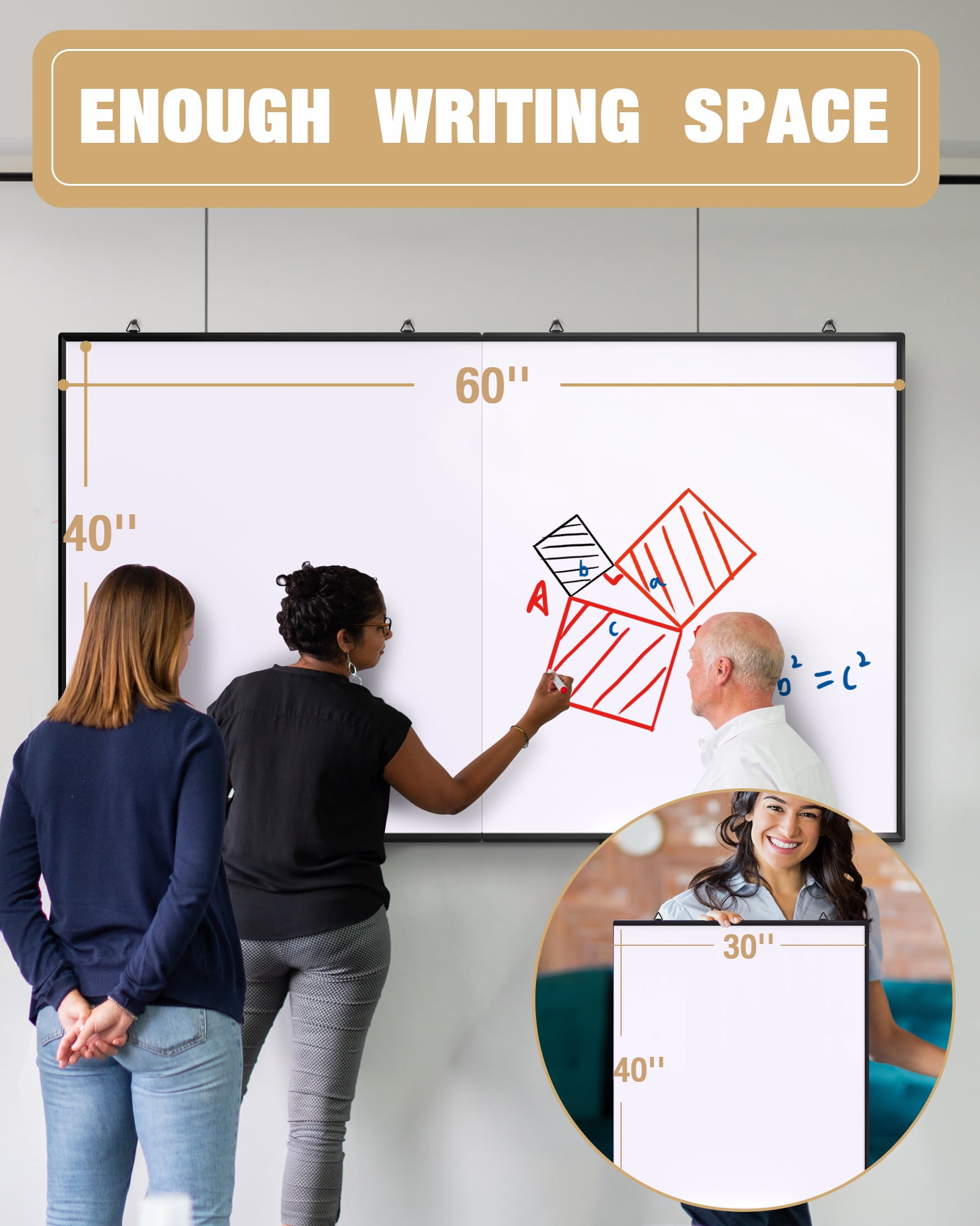 60"X 40" Large Magnetic Dry Erase White Board - Folding Black Aluminum Frame Wall Hanging Message Whiteboard with Markers, Erasers, Magnets