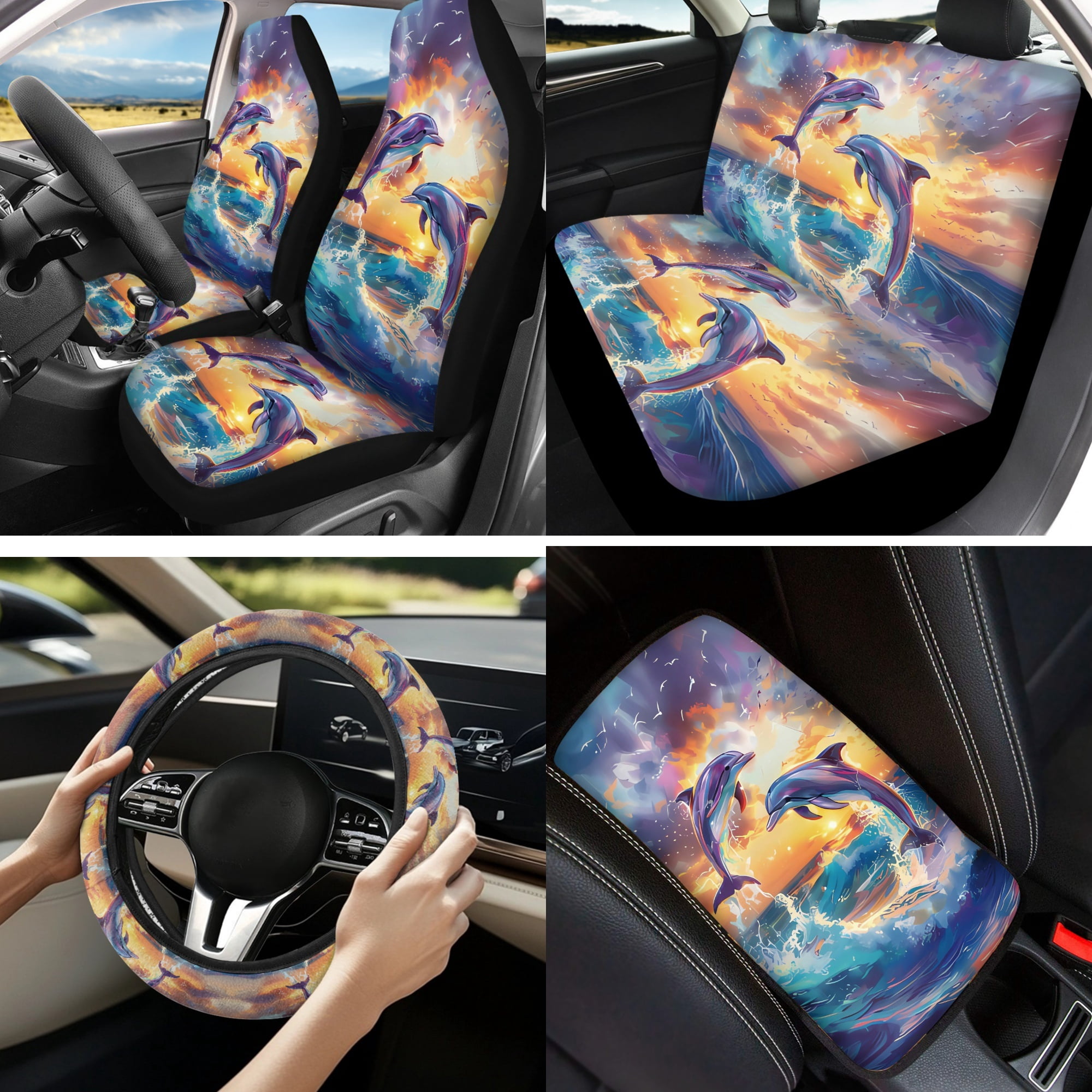 Jeiento Dolphin 13 PCS Set Car Seat Covers Steering Wheel Cover Seatbelt Strap Pad Armrest Cover Pad Cup Coasters Blue Ocean Key Ring for Women Men Automobile Interior Sets