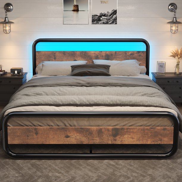 King Metal Bed Frame with Wooden Headboard and Footboard, Platform