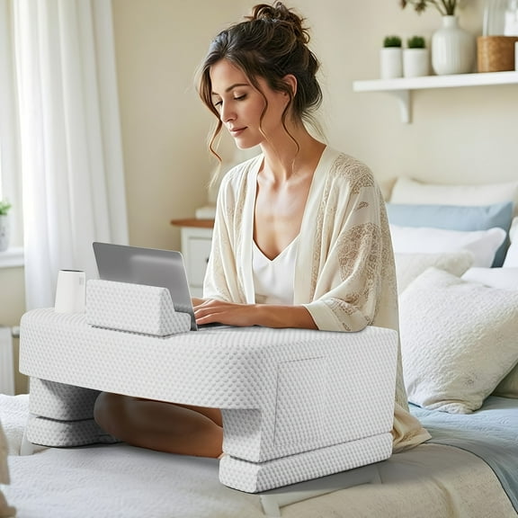 Extra Large Adjustable Reading Pillow with Arm Rest – White Coral Fleece Cushion for Gaming, Crocheting, and Relaxing in Bed or Couch