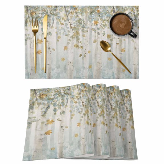 Birch Trunk Placemats Set of 8, Fall Green Leaf Forest Branch Rustic Farmhouse Non-Slip Place Mats Washable Table Mats for Kitchen Dining Table Decorations Indoor/Outdoor
