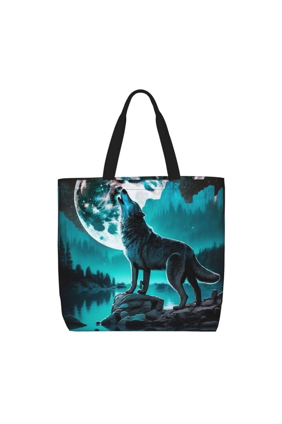 Wolf Howling River Night Moon Cool Tote Bag Reusable Shoulder Handbag Top Handle Purse for Shopping Work