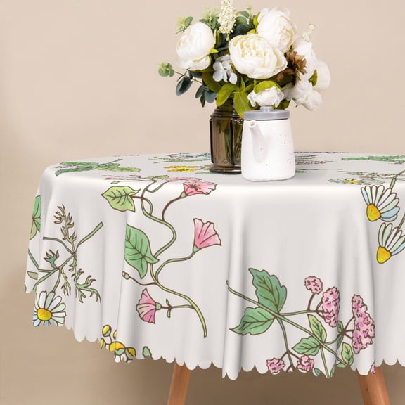 Mizhona Plants Tablecloth for Round Table,Pink and Blue Floral Table Cloth for Kitchen Party Outdoor Decor，60"