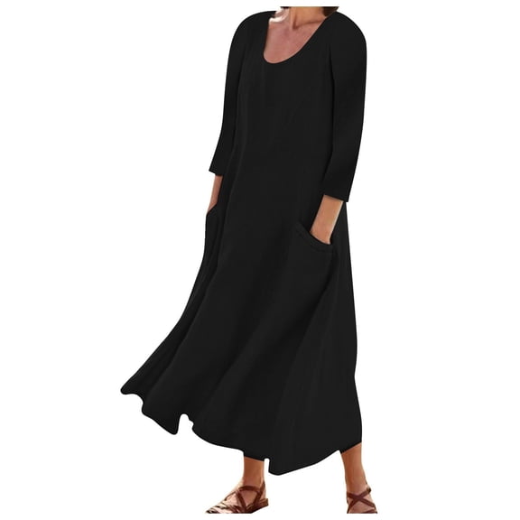 Elainilye Fashion Maxi Dresses For Women Long Sleeve Solid Color Cotton Linen Dress Round Neck Pocket Dress,Black