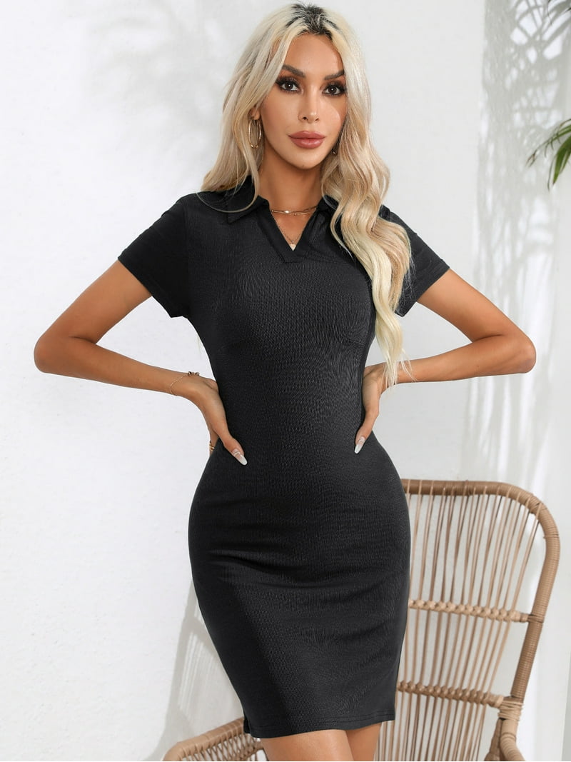 mini black bodycon dress short sleeve Short And Sweet V-Neck Bodycon Mini Dress