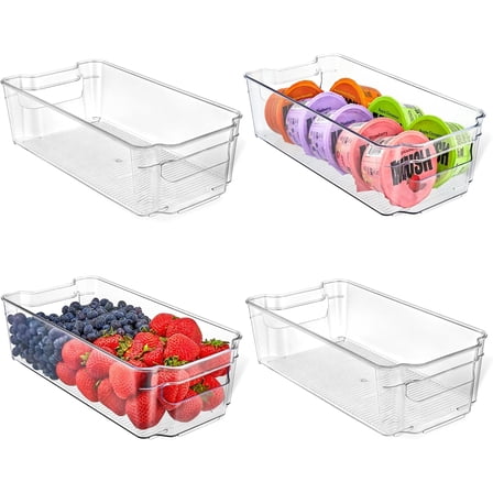 Lifemaster Refrigerator Storage Bins, 4-Piece Clear Fridge Organizer with Stackable Design and Easy-Grip Handles