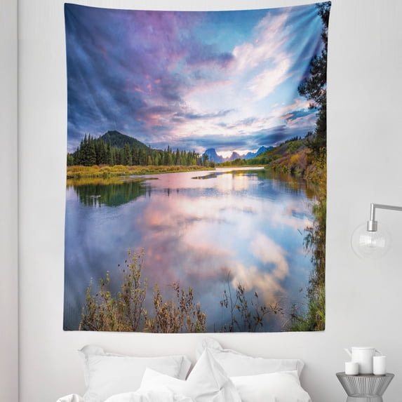 Wyoming Tapestry, Nature Outdoor Scene of Colorful Sunset on Oxbow Bend of Snake River, Fabric Wall Hanging Decor for Bedroom Living Room Dorm, 5 Sizes, Multicolor, by Ambesonne