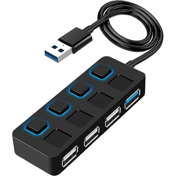 USB Hub 3.0, 4-Port USB Port Hub USB Extender USB Splitter with Individual LED lit Power Switches for Mac & PC/Laptop