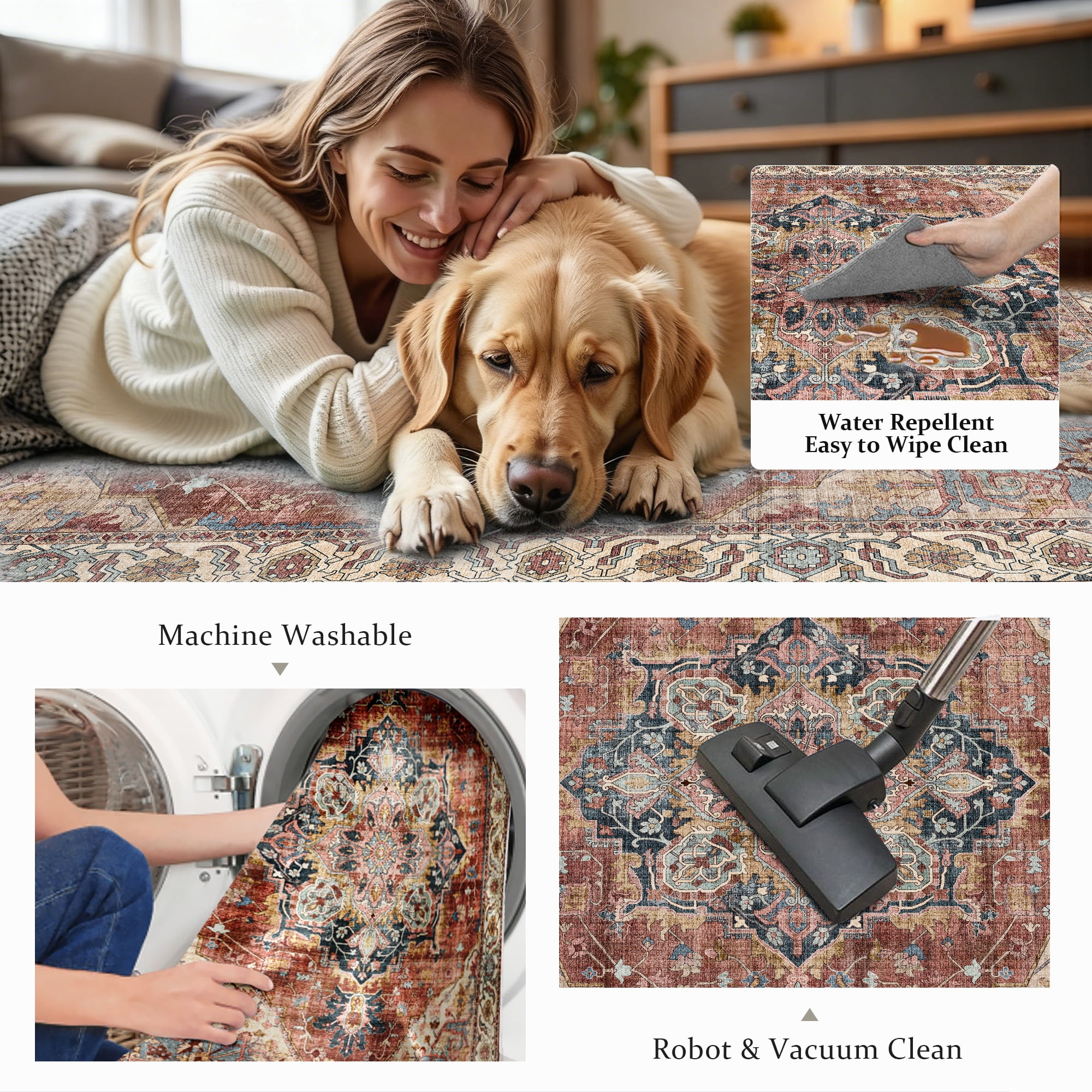 ATHOPE 5x7 Area Rugs for Living Room Bedroom, Washable Soft Rug with Non-Slip Backing, Large Floral Vintage Distress Print Pattern Carpet, Brick Red