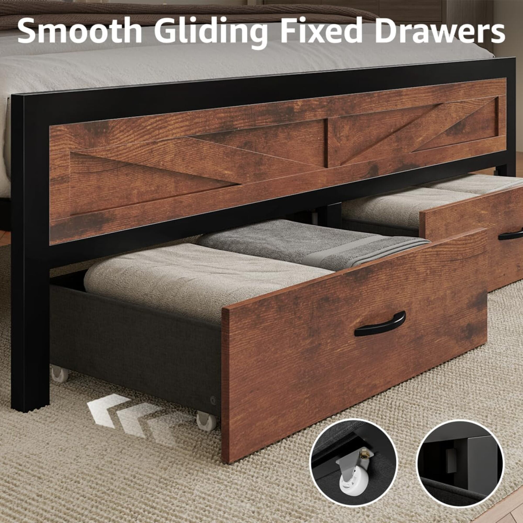 Queen Size Bed Frame with Storage Drawers & Barn Door Headboard, Industrial Farmhouse Platform Bed with LED Lights & Charging Station, No Box Spring Needed (Brown)