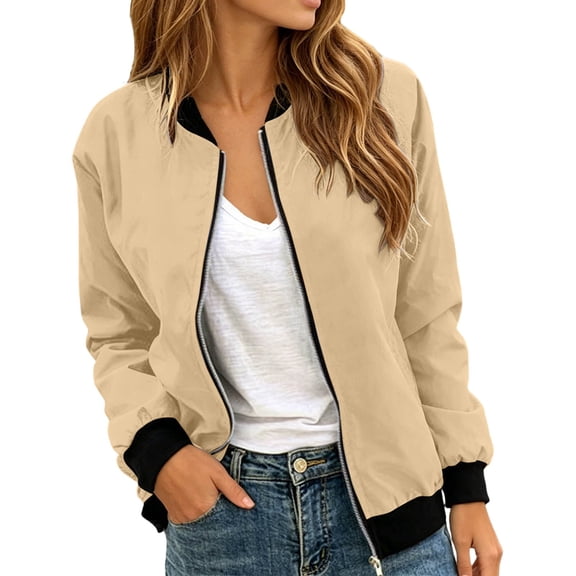 Wxolcjlv Women's Boxy Bomber Jackets Full Zip Color Blocking Outerwear Lightweight Regular Fit Tops
