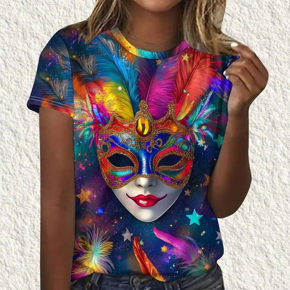 kttectoa Mardi Gras Shirts for Women Casual Tops Tops for Women Trendy Carnival Print T Shirts Crewneck Short Sleeve Tops for Ladies Simple Club