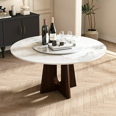 Modern Marble Dining Table, 59" Sintered Stone Round Dining Table with Solid Wood Walnut Base, Sturdy Cross Design for 6-8 People-Walnut (Only Table)