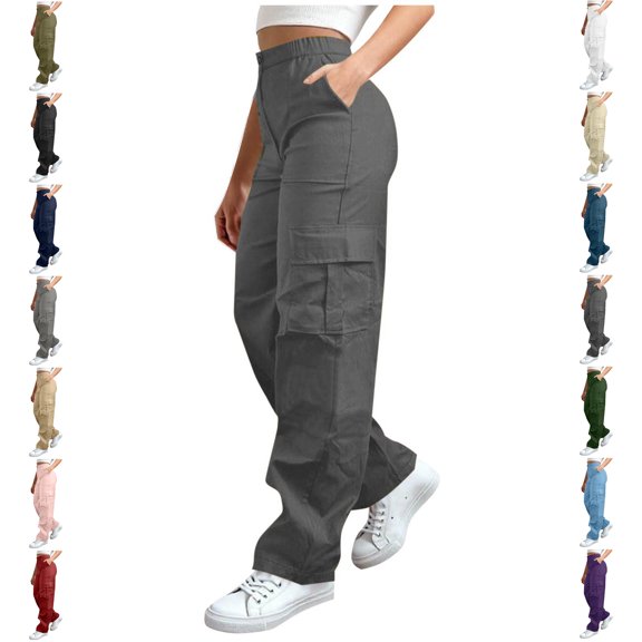 MLCDZ Baggy Cargo Pants for Women Elastic High Waisted Wide Leg Trousers Hiking Lightweight Streetwear with Multiple Pockets