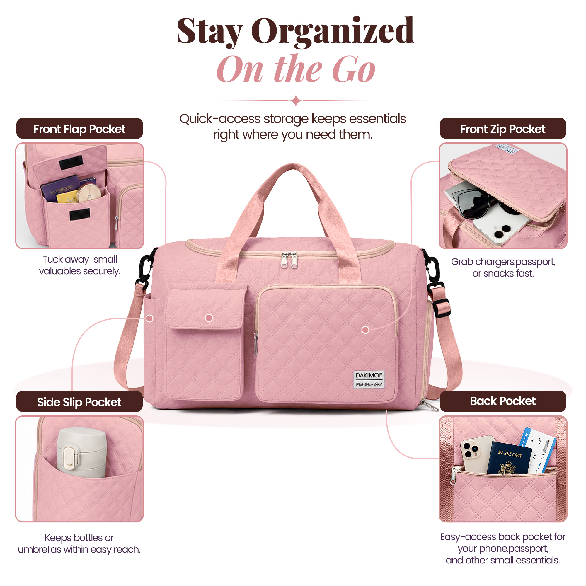 DAKIMOE Travel Duffle Bag with Wet Pocket and Shoe Compartment for Women and Men, Pink photo 4