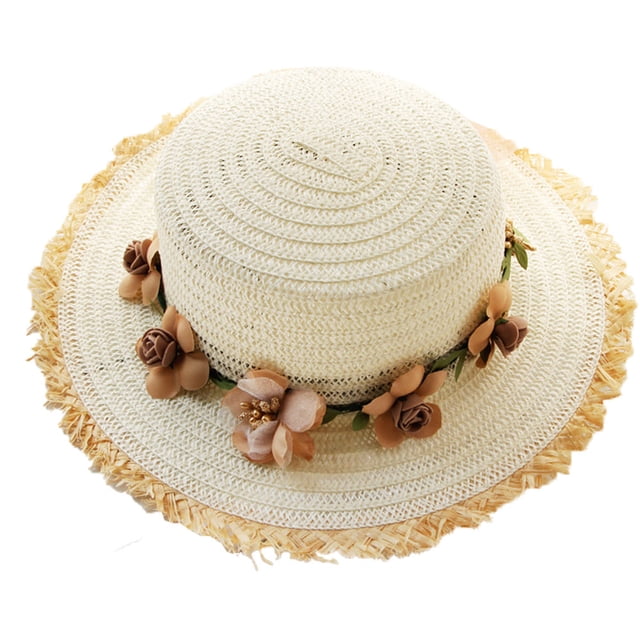 Sombrero de paja para mujer con circunferencia de 56-58 cm, sombrero para el sol, protector solar, para exteriores, con guirnalda, sombrero de copa plana, sombrero de playa, sombrero para el sol