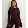 thumbnail image 4 of Women'S Round Neck Flare Sleeve Top and Straight Leg Pants Two Piece Set Casual Loungewear Sporty Wine Red M, 4 of 9