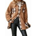 thumbnail image 2 of Women Fleece Button Down Plaid Long Coat Lapel Hooded Fleece Lined Jacket Fashion Color Block Tops Camel Color M, 2 of 8