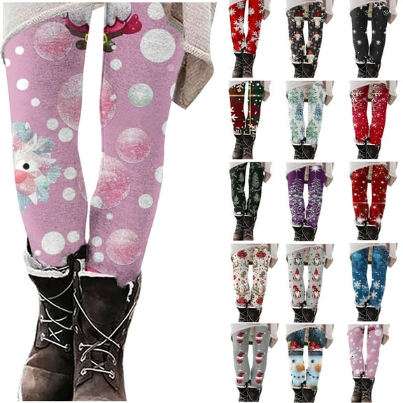 YOIAVAIOY Women Ankle Length Leggings High Waist Buttery Soft Pants Breathable Gym Yoga Tights Christmas Tree Print Casual Workout Bottoms Pink M