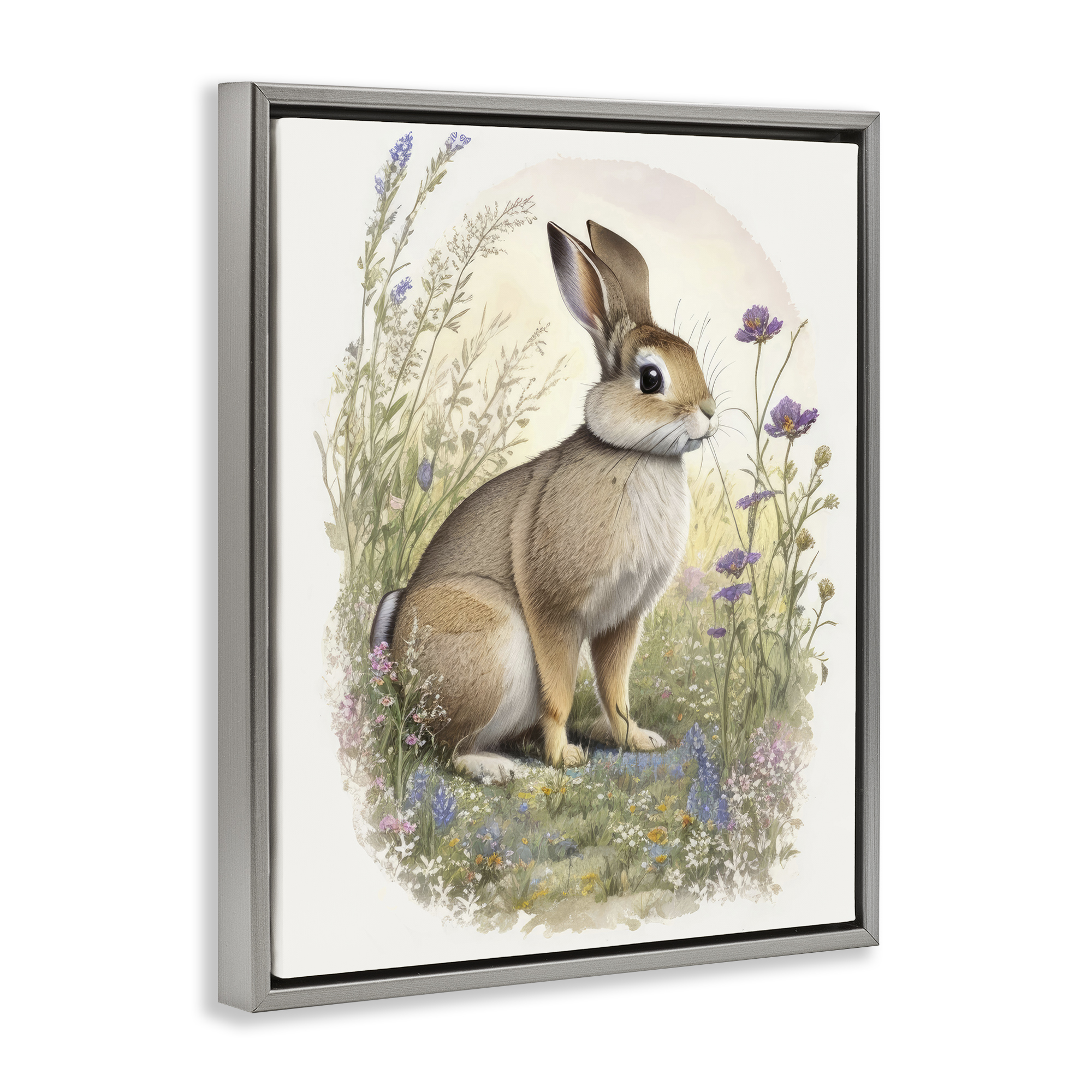 Stupell Industries Rabbit with Meadow Blooms Animals & Insects Painting Gray Floater Framed Canvas Art Print Wall Art, 25 x 31