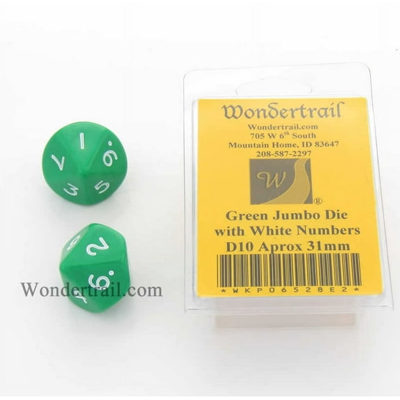 Green Jumbo Dice with White Numbers D10 31mm (1.25in) Pack of 2 Wondertrail