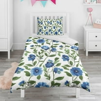 Blue Pioneer Flower Duvet Cover and Pillowcase Set for Single Bedding, Bedroom Accessories for Kids Teens
