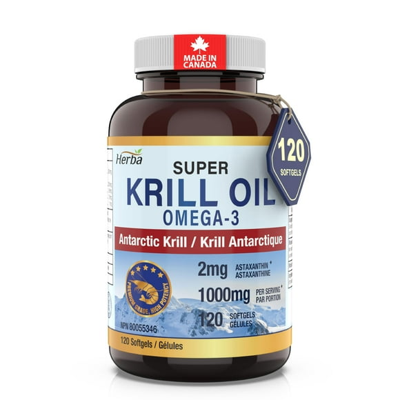 Herba Krill Oil Capsules - 120 Softgels | 1000mg of Pure Antarctic Krill Oil Per Day | High Astaxanthin | Made in Canada