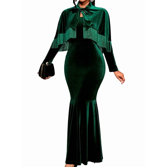 Women'S Elegant Velvet Dress Set with Tassel Shawl for Evening Events Dark Green S