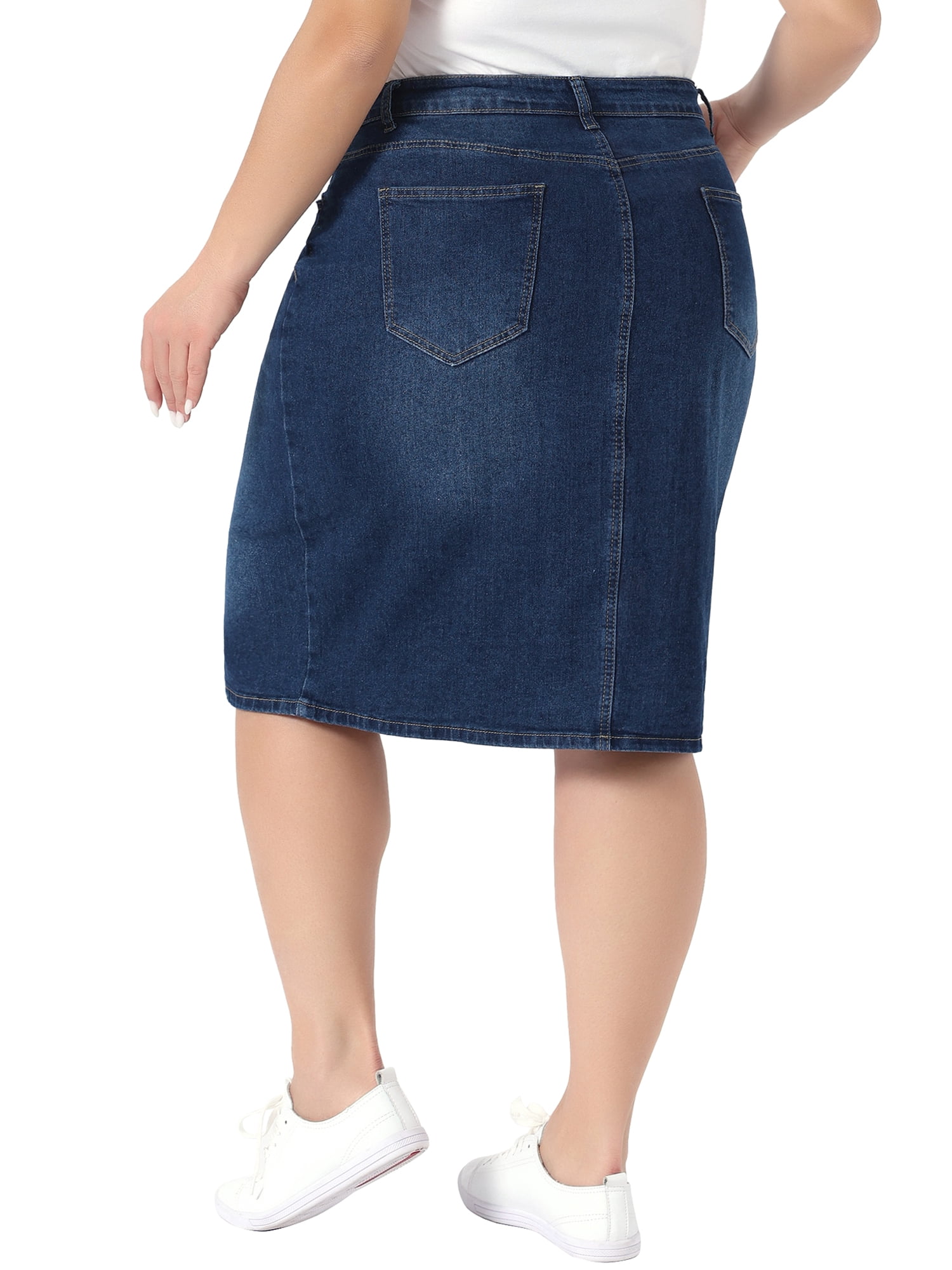 DARING DIVA Women's Plus Summer High Waist Knee Length Denim Skirt 3X Dark Blue