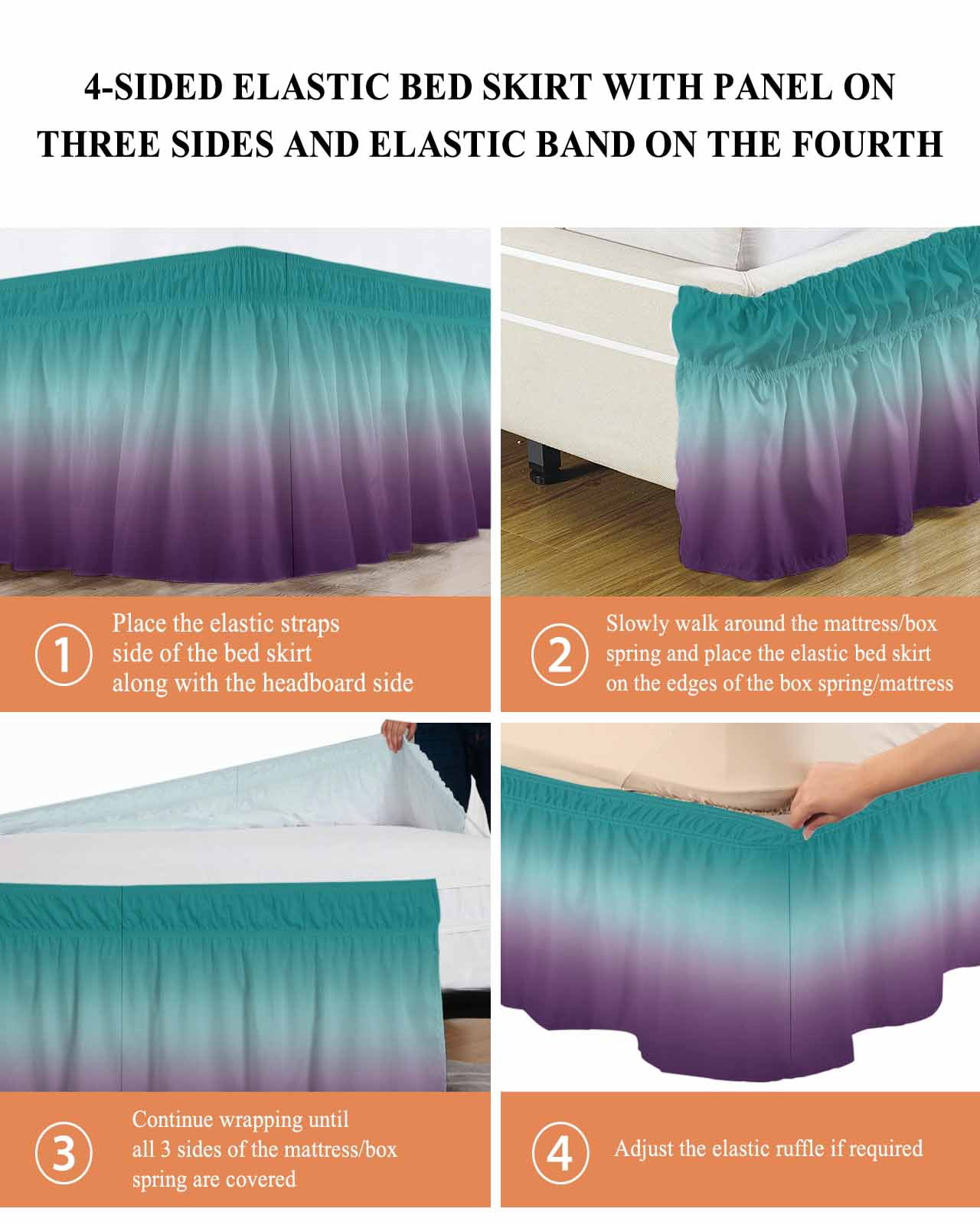 Cyan Turquoise Bed Skirt Queen Size 18" Drop Purple Gridient Ruffled Wrap Around Bed Skirts Adjustable Elastic Bedskirt Dust Ruffle for Queen Size Bed